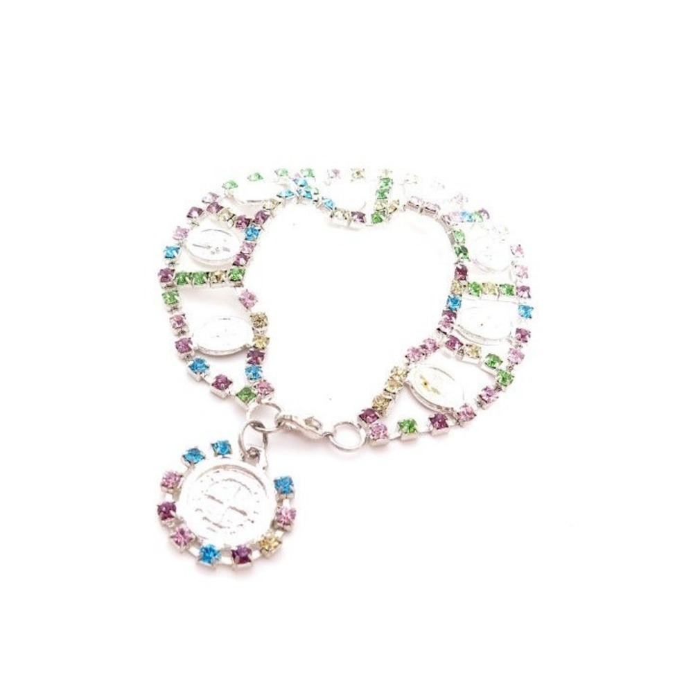 Colorful Catholic Medal Sparkly Rhinestone Silver‎ Toned Bracelet